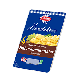 Das Bild zeigt den geräucherten Schärdinger Rahm-Emmentaler hauchdünn in Scheiben