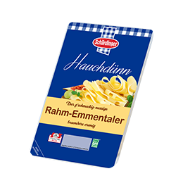 Das Bild zeigt den milden Schärdinger Rahm-Emmentaler hauchdünn in Scheiben